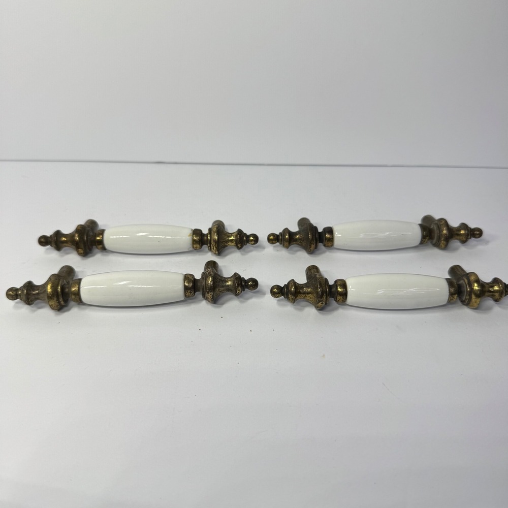 Vintage 1979 KBCO Japan Brass White Porcelain Drawer Pulls Set of 4 3in Center